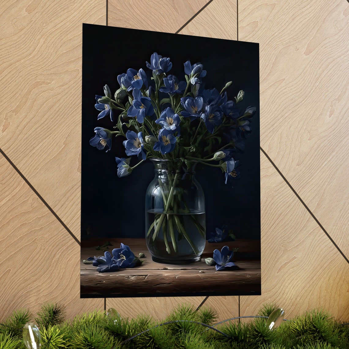 Midnight Blue Freesia Bouquet Glass Vase Dark Still Life Poster - Image 2