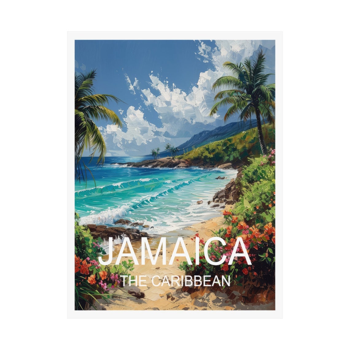 Jamaica Caribbean Beach Cove Hibiscus Palm Trees Turquoise Poster - Image 3