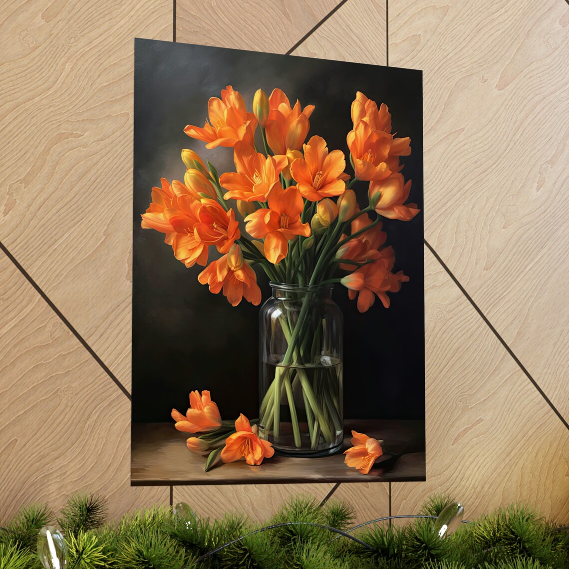 Orange Freesia Bouquet Glass Vase Dark Moody Still Life Poster - Image 2