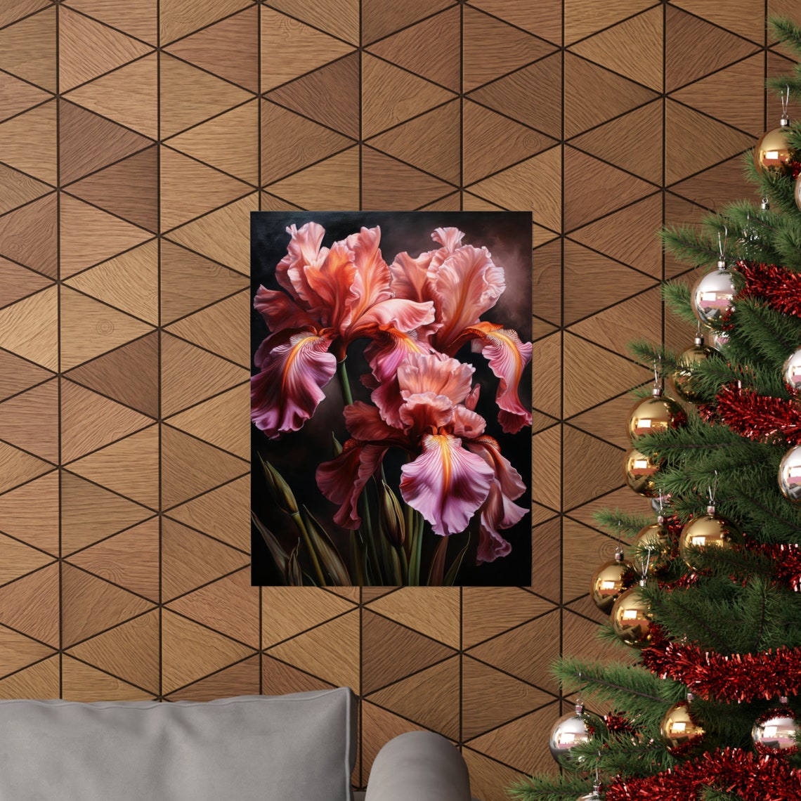 Pink Iris Blooms Soft Rose Dramatic Dark Floral Wall Art Print - Image 3