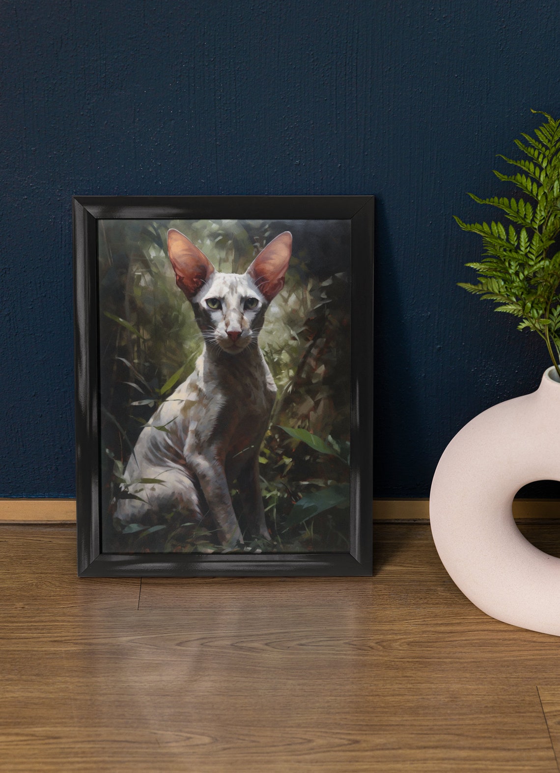 Oriental Shorthair White Cat Jungle Foliage Elegant Feline Art Poster