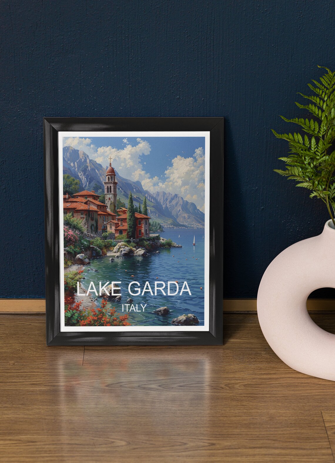 Lake Garda Italy Lakeside Church Mountain View Travel Poster
