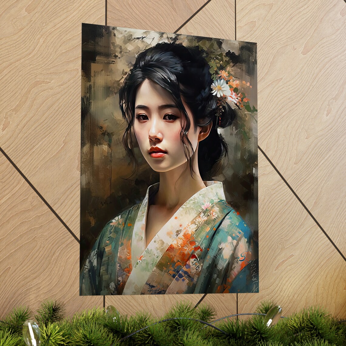 Japanese Woman Floral Kimono Portrait Dark Background Painting Poster - Image 2