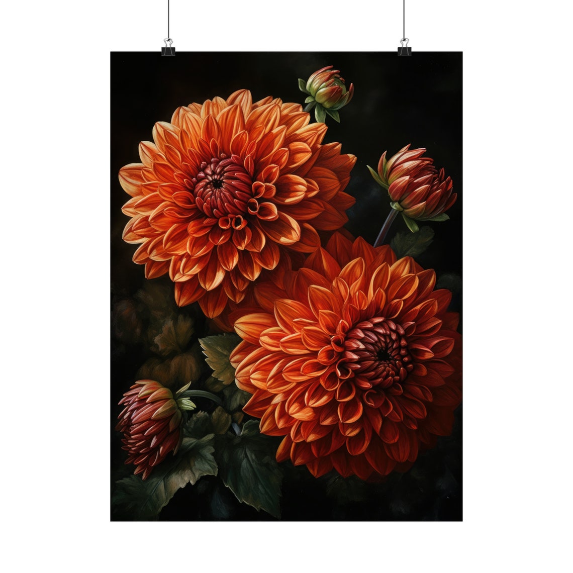 Rust Orange Dahlia Blooms Dramatic Dark Floral Botanical Art Print - Image 5