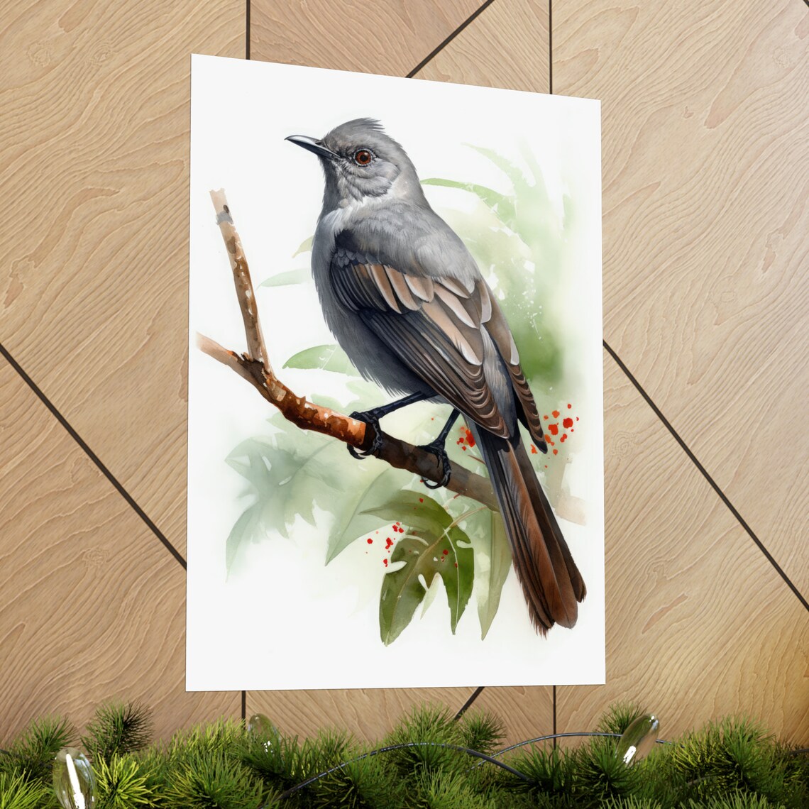 Gray Catbird Perched Branch Watercolor Songbird Portrait Poster - Image 2