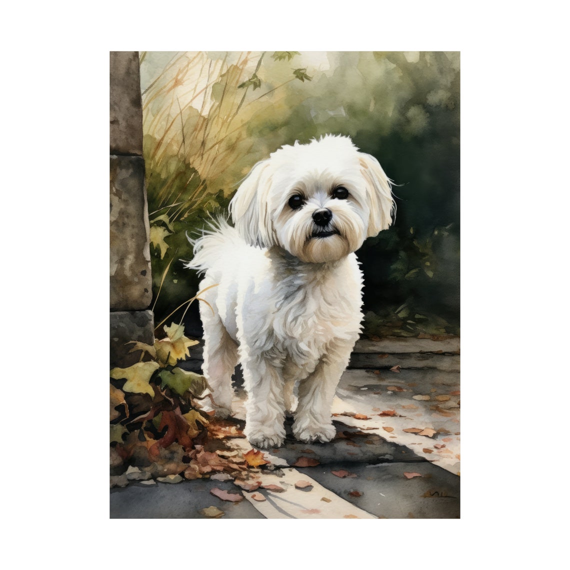 Maltese Dog White Fluffy Watercolor Portrait Garden Path Poster - Image 4