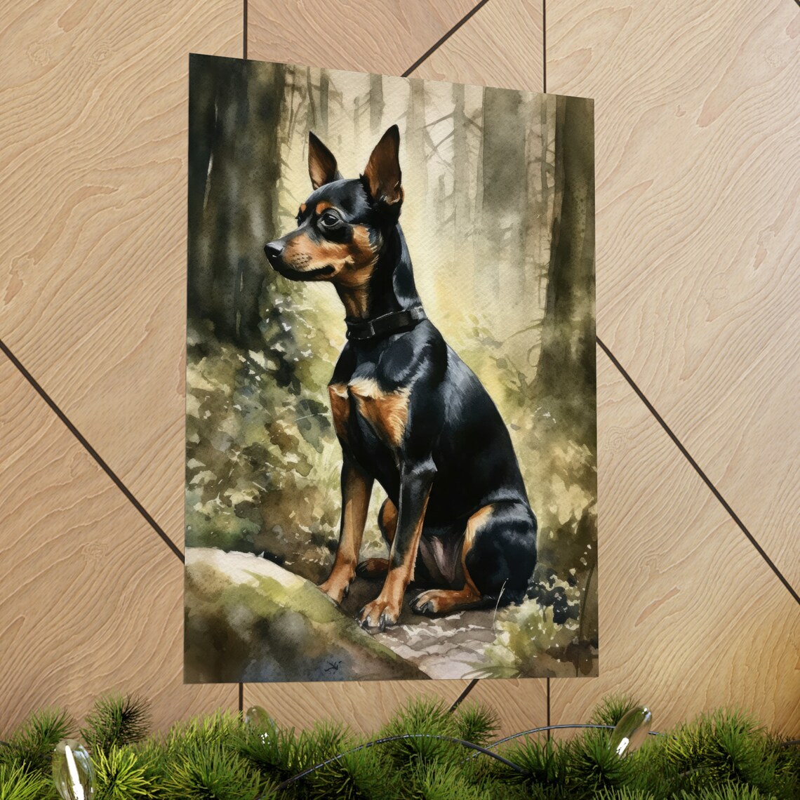 Miniature Pinscher Black Tan Sitting In Forest Watercolor Dog Poster - Image 2