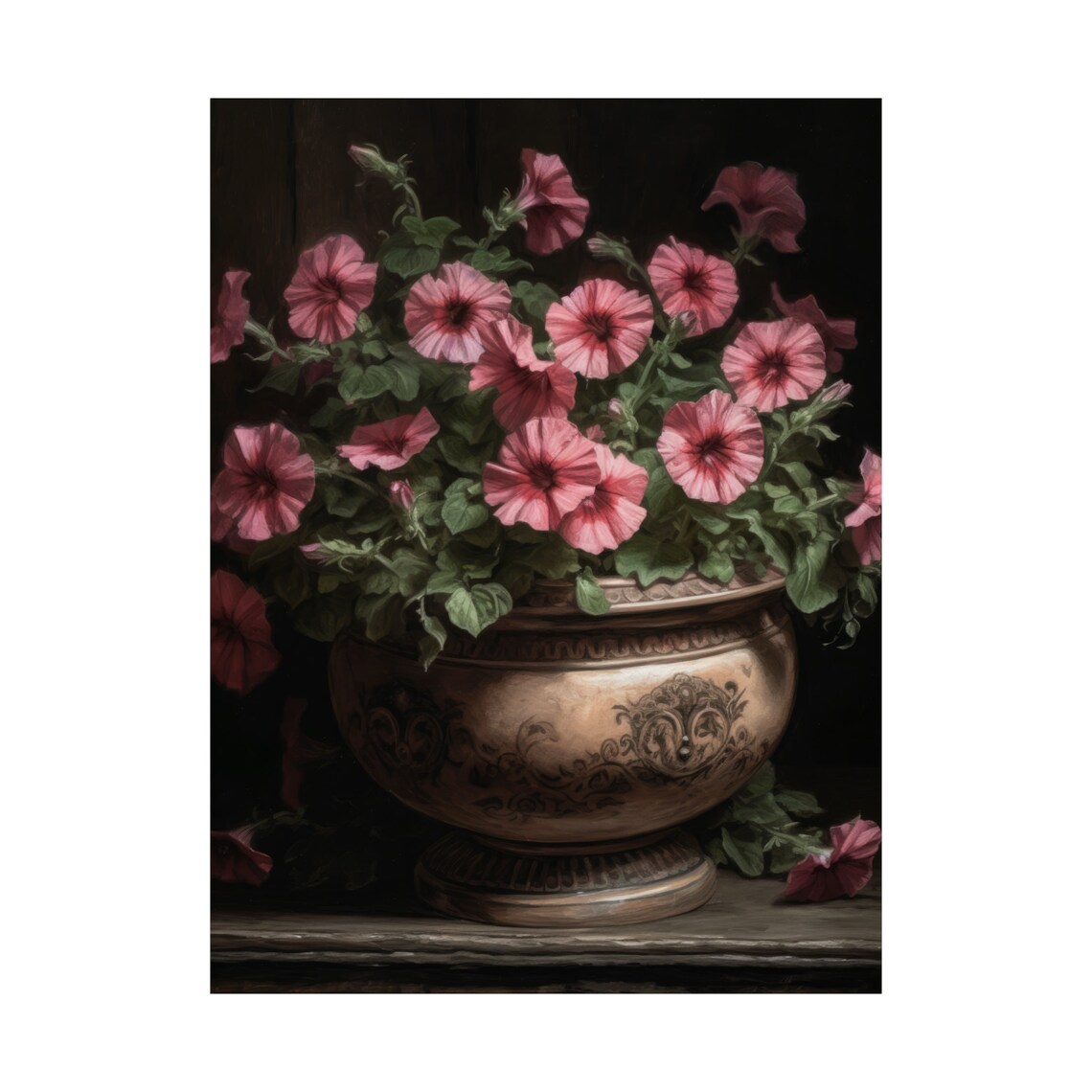 Pink Petunias Ornate Bronze Urn Dark Moody Floral Still Life Poster - Image 4