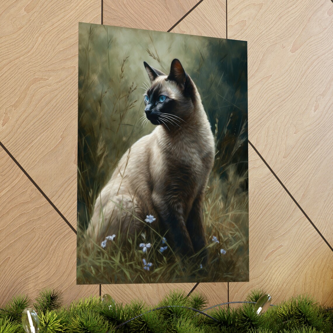 Tonkinese Cat Seal Point Shorthair Blue Eyes In Tall Grass Art Print - Image 2