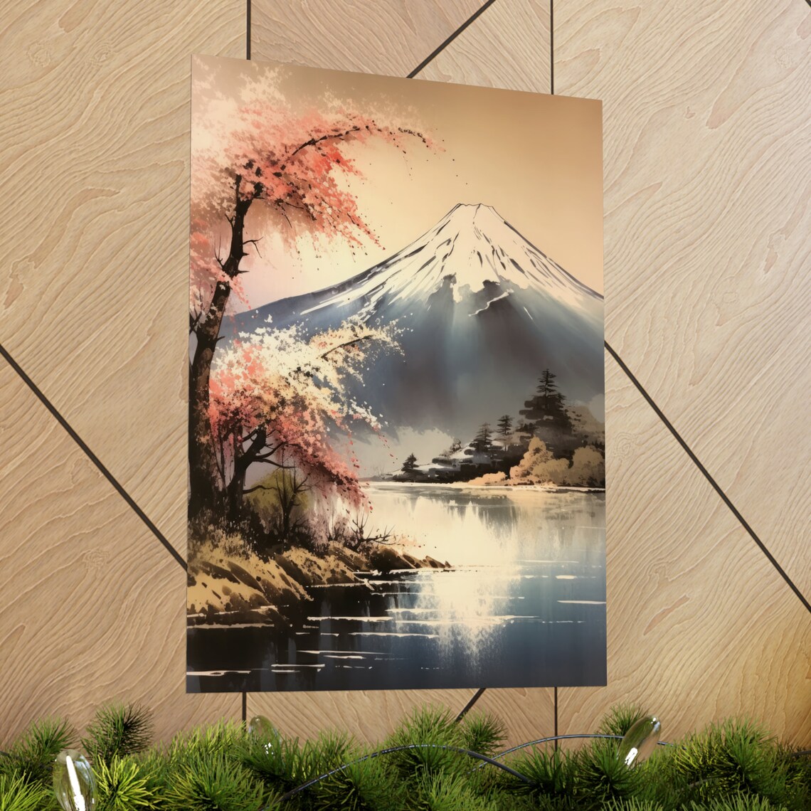 Mt Fuji Sunset Cherry Blossom Lakeshore Warm Light Travel Poster - Image 2