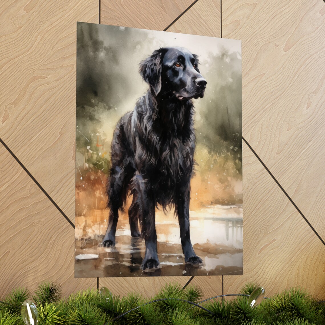 Flat Coated Retriever Black Standing In Water Watercolor Dog Poster - Image 2