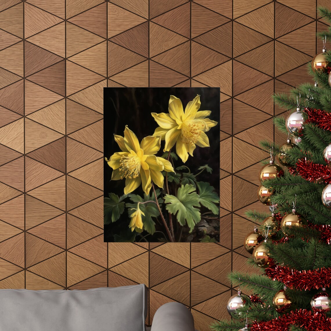 Yellow Columbine Flowers Moody Dark Botanical Oil Painting Art Print - Image 3