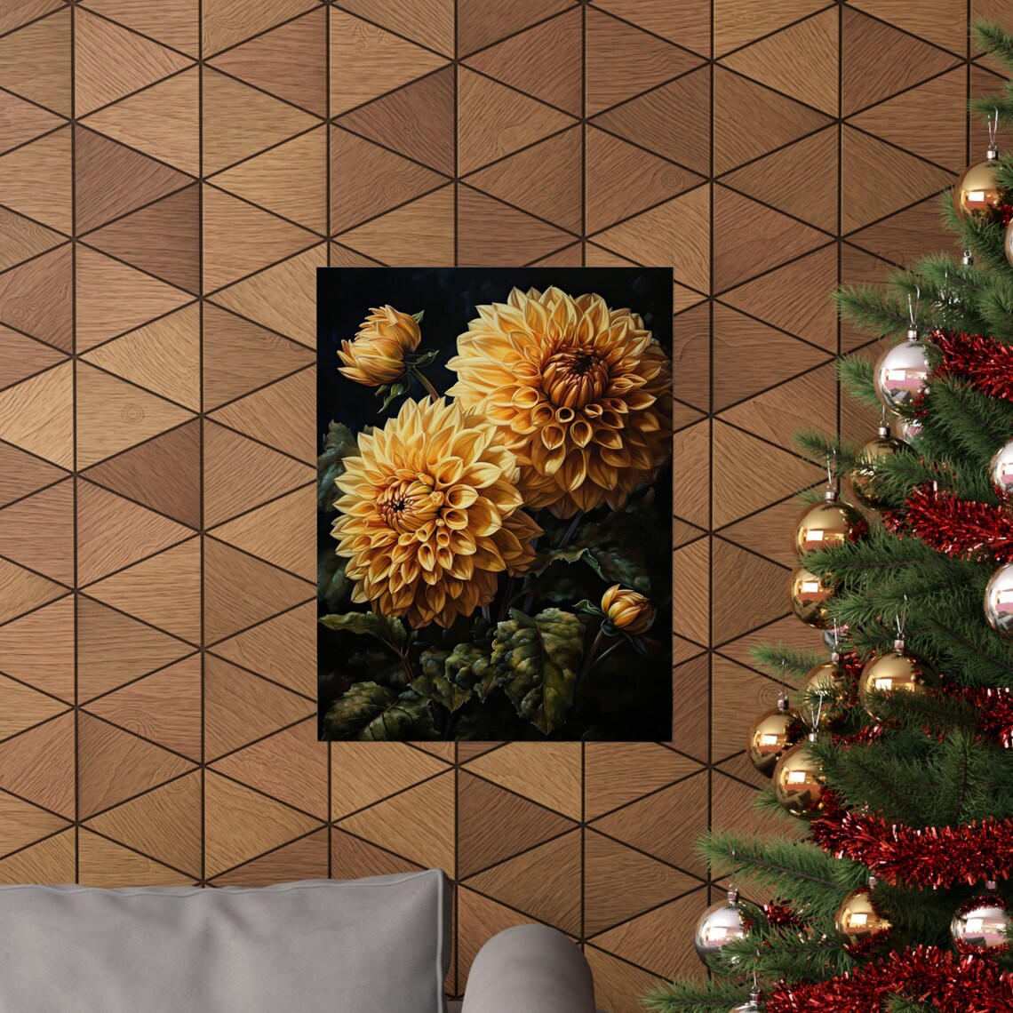 Golden Yellow Dahlia Blooms Dark Moody Floral Botanical Art Print - Image 3