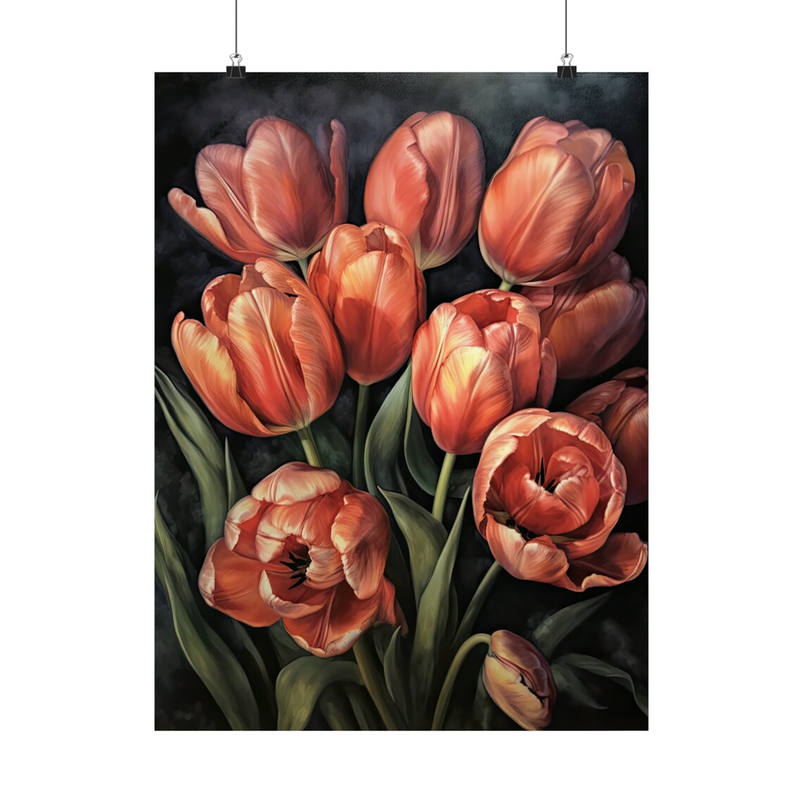 Salmon Orange Tulips Dark Moody Oil Painting Floral Wall Art - Image 5