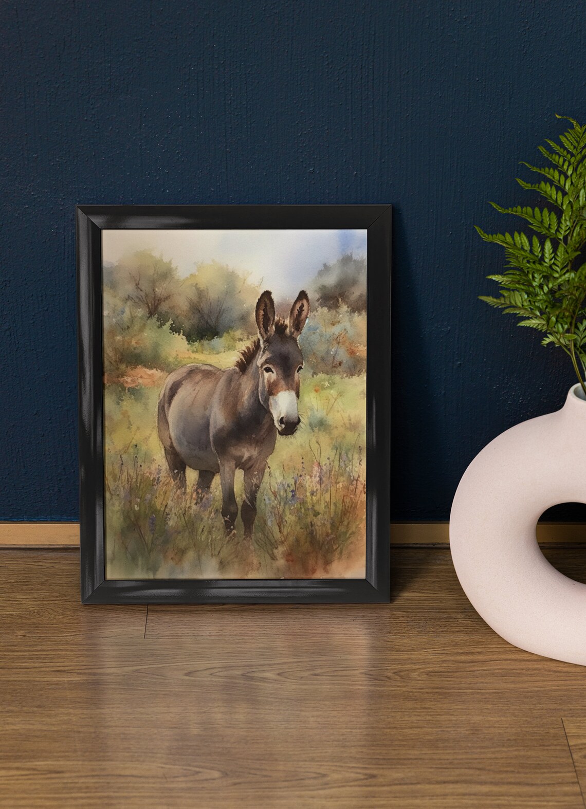 Donkey Standing Meadow Watercolor Farm Animal Countryside Art Print