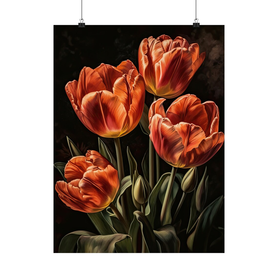 Bold Orange Red Tulips Dark Moody Oil Painting Floral Wall Art - Image 5