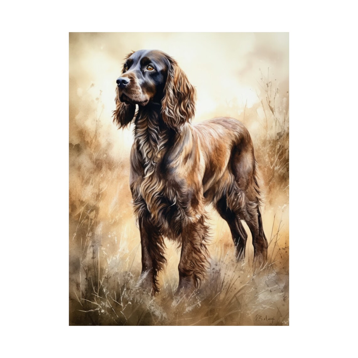 Field Spaniel Standing in Golden Meadow Watercolor Dog Art Print - Image 4