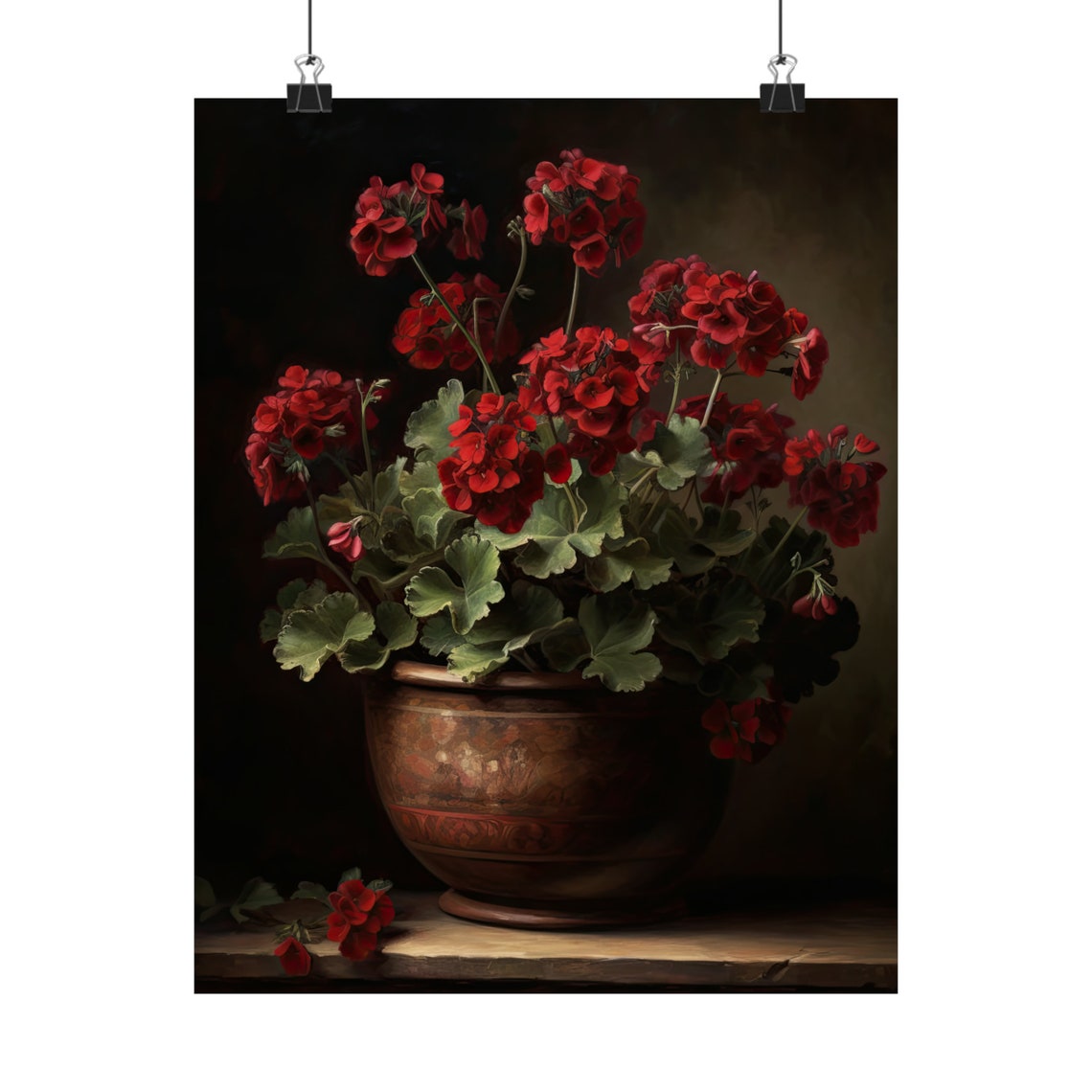 Burgundy Geranium Blossoms Copper Pot Dark Still Life Flower Poster - Image 2