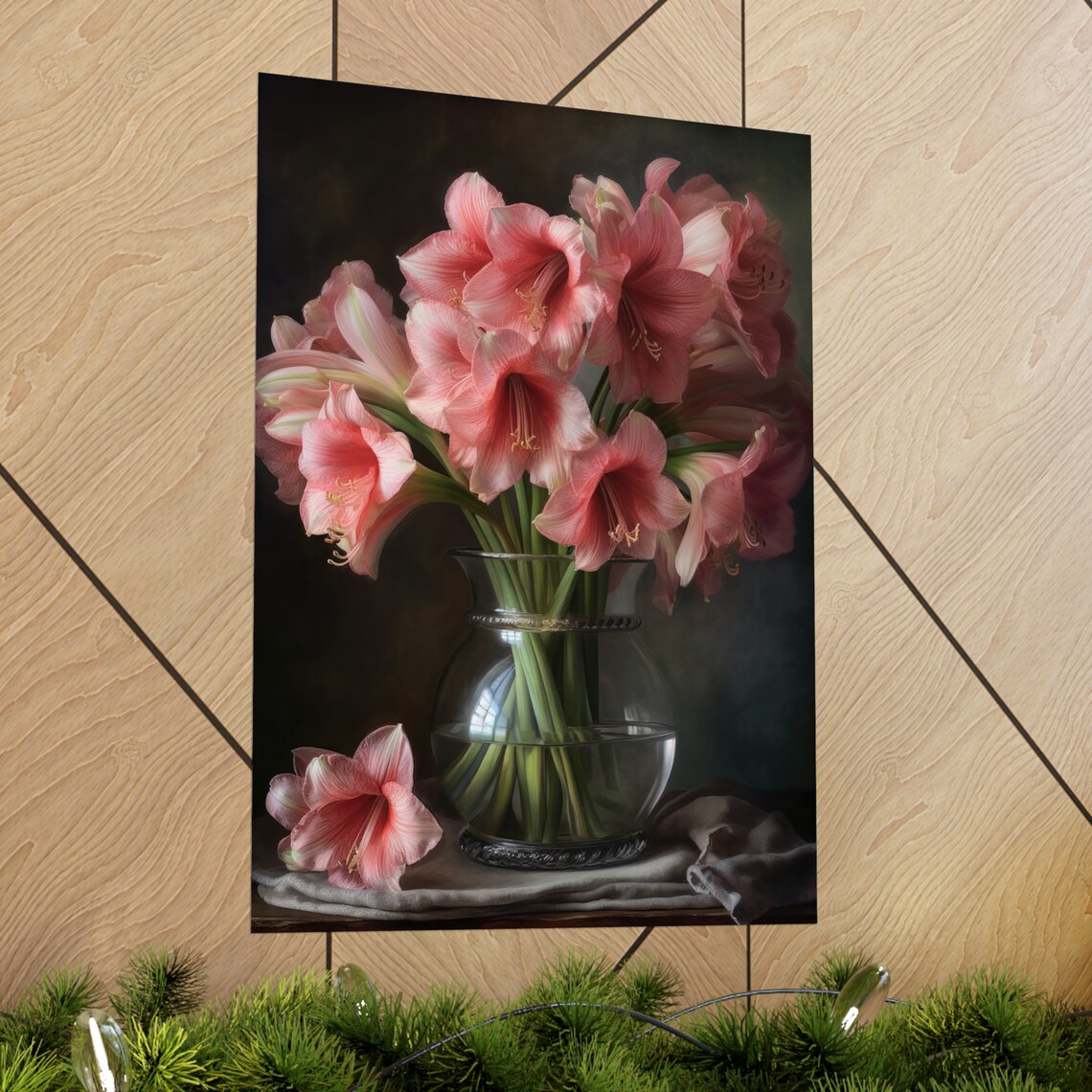 Pink Amaryllis Bouquet Dark Still Life Glass Vase Flower Art Print - Image 2