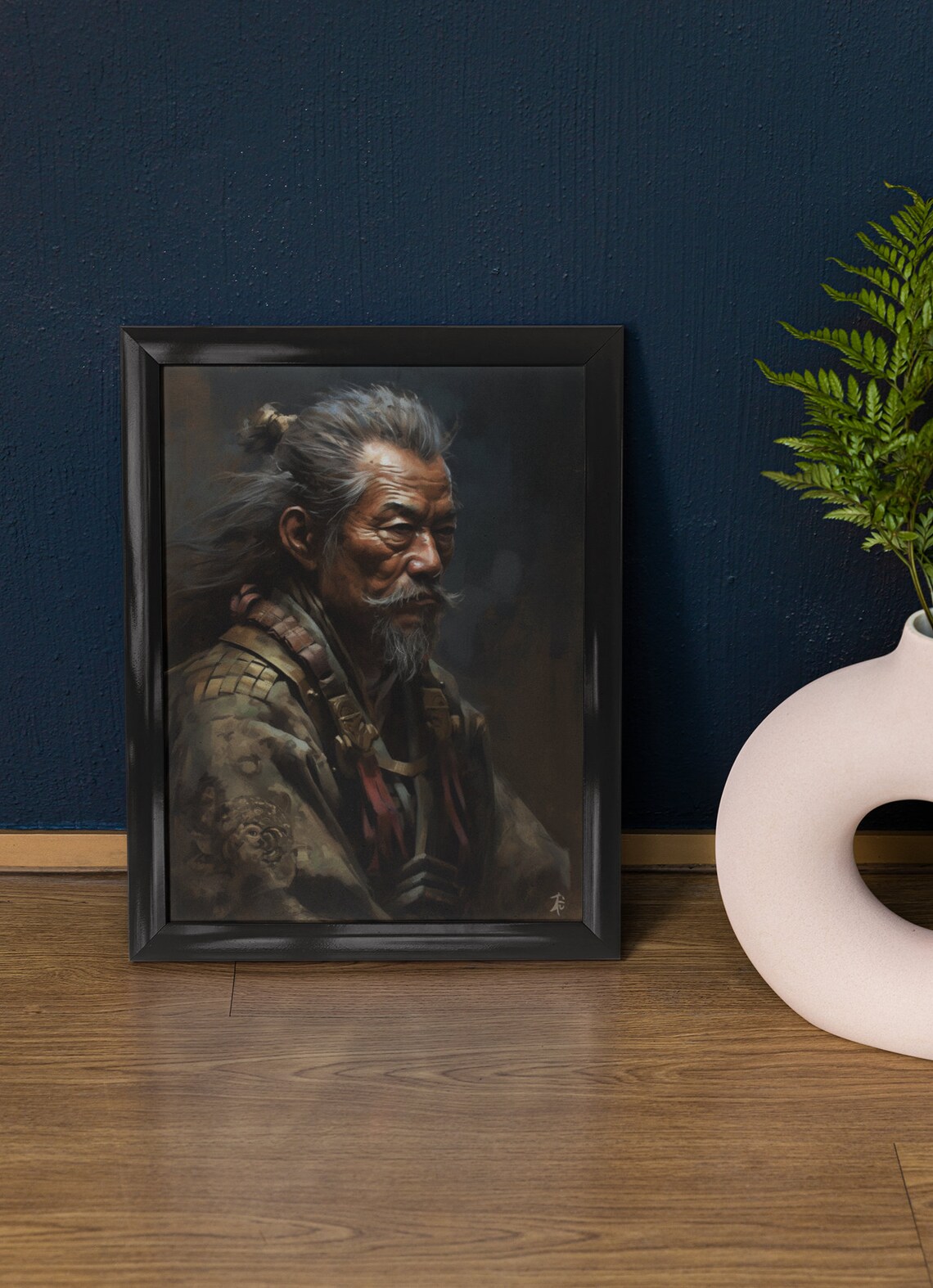 Elderly Ronin Warrior with Grey Topknot Dark Oil Painting Art Print