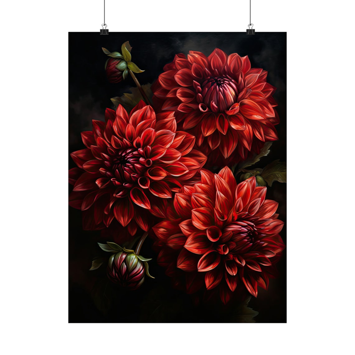 Red Dahlia Blooms on Black Botanical Floral Oil Painting Art Print - Image 5