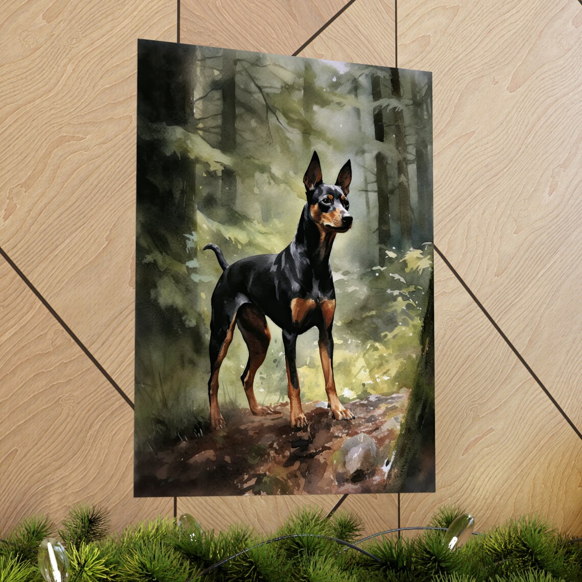 Manchester Terrier Standing in Green Forest Watercolor Dog Art Print - Image 2