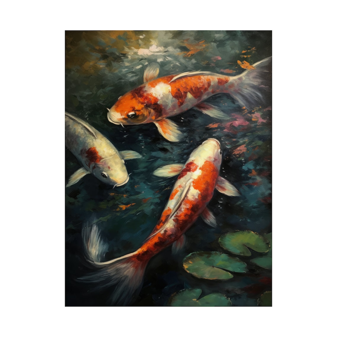 Three Koi Fish Dark Water Lily Pond Serene Painting Art Print - Image 4