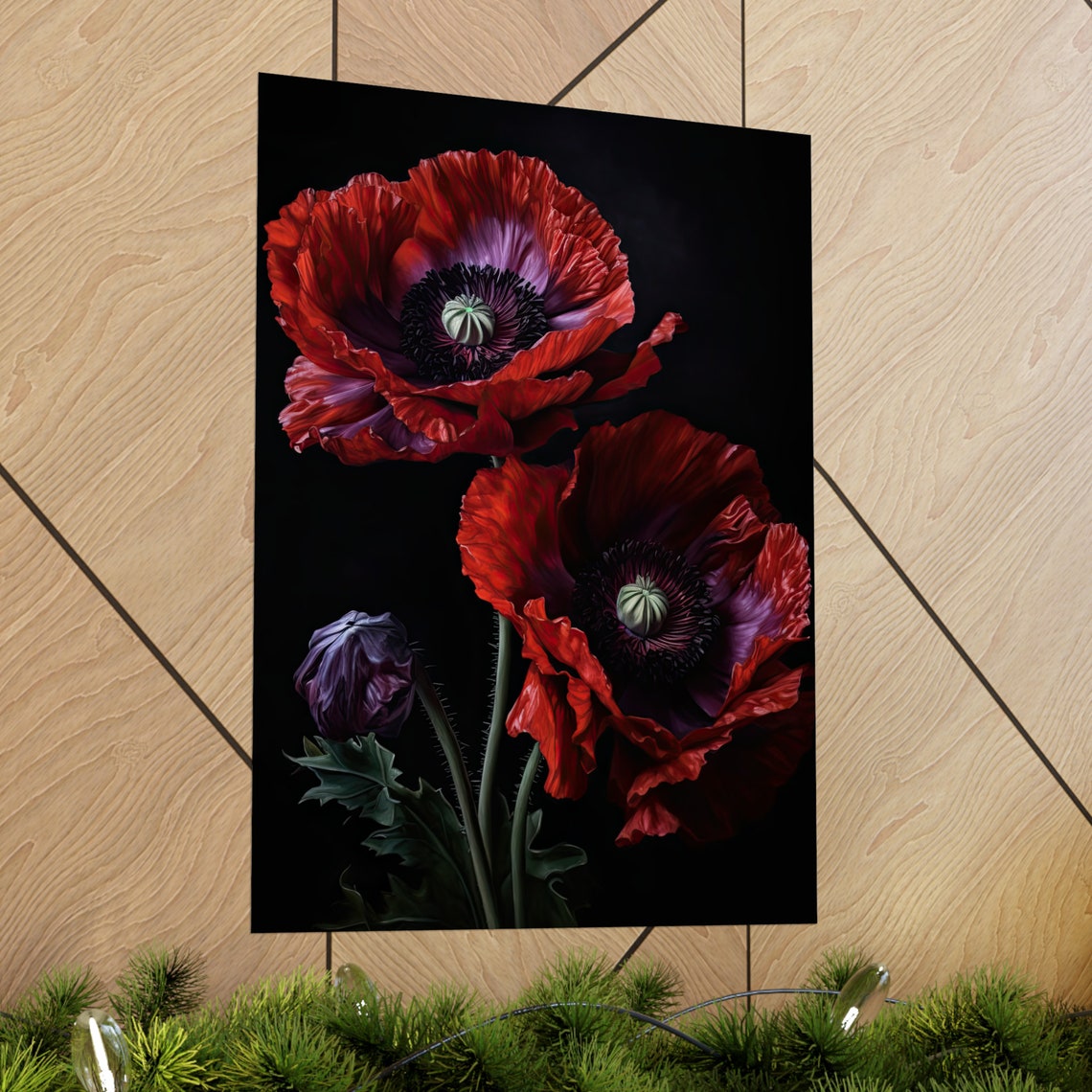 Oriental Poppy Flowers Deep Red Dark Moody Botanical Art Print - Image 2