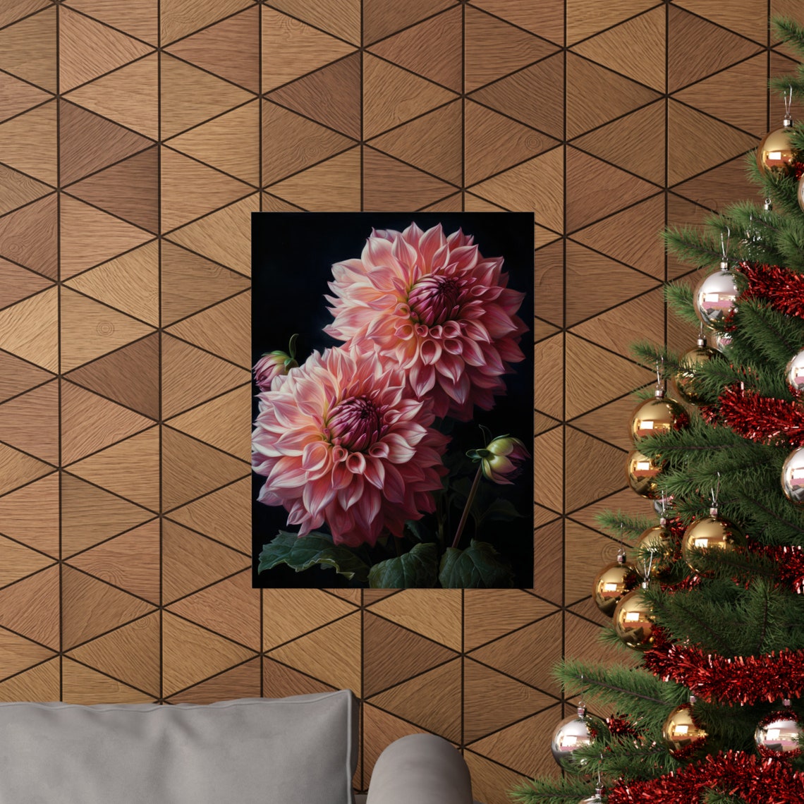 Pink Dahlia Blooms Dark Background Moody Botanical Fine Art Poster - Image 3