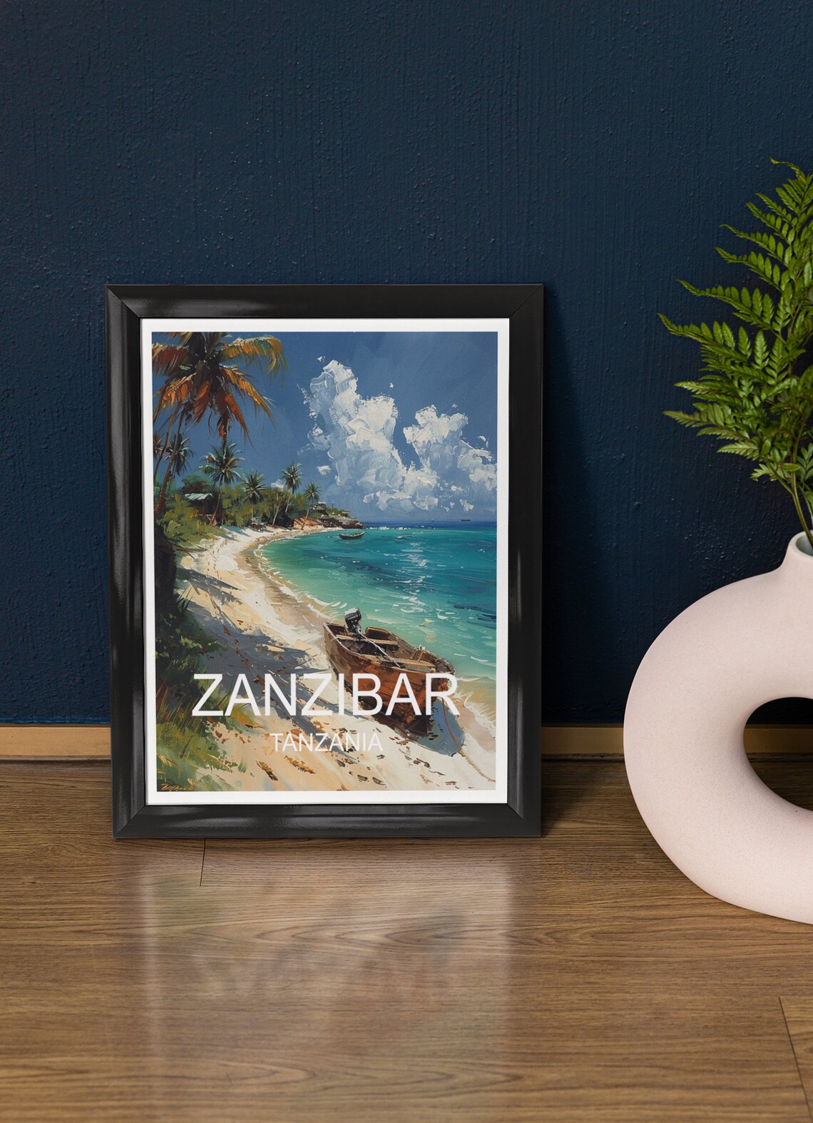 Zanzibar Tanzania Sandy Beach Dhow Boat Turquoise Sea Travel Poster