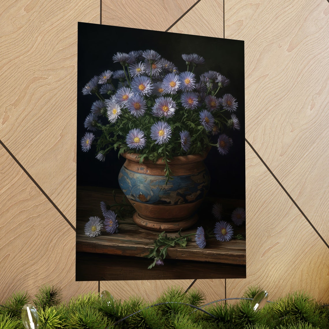 Blue Aster Flowers Antique Porcelain Vase Dark Still Life Art Print - Image 2