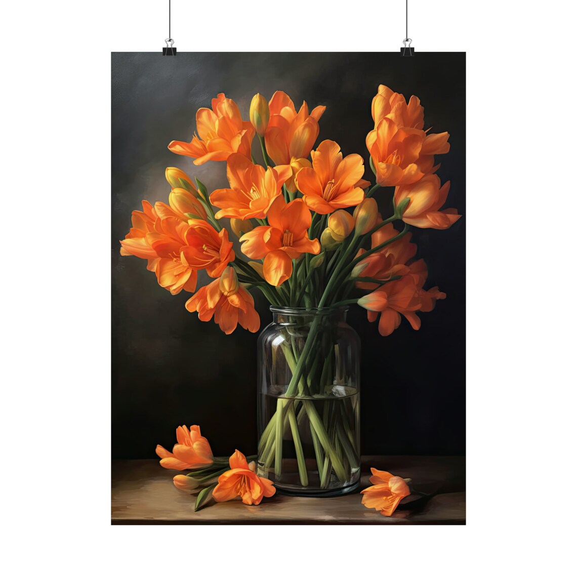 Orange Freesia Bouquet Glass Vase Dark Moody Still Life Poster - Image 5