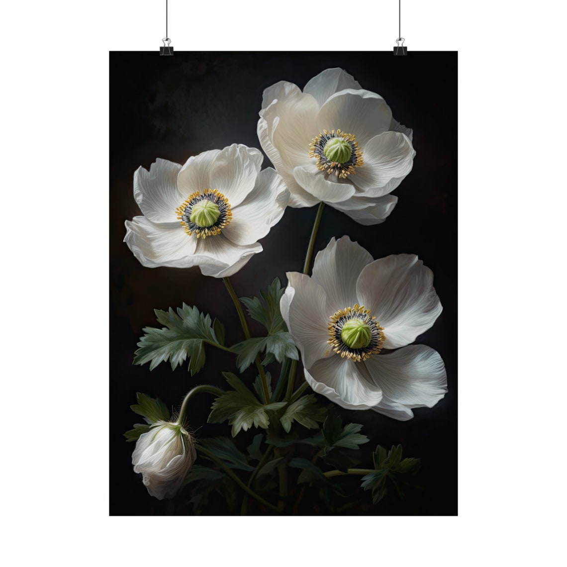 White Anemone Flowers Dark Background Botanical Painting Art Print - Image 5