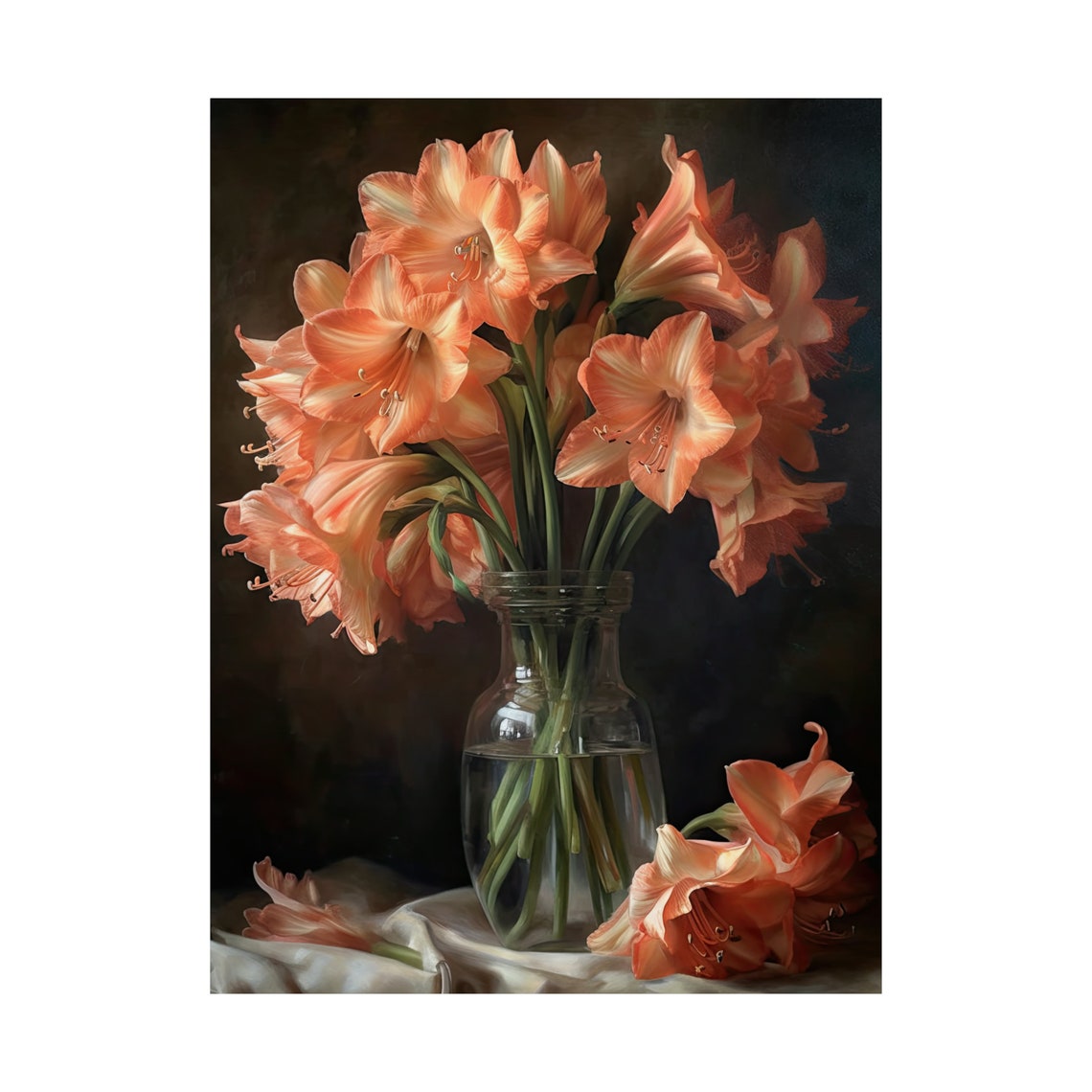 Salmon Amaryllis Blooms Dark Still Life Glass Vase Flower Art Print - Image 4