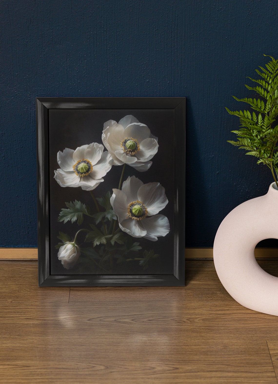 White Anemone Flowers Dark Background Botanical Painting Art Print