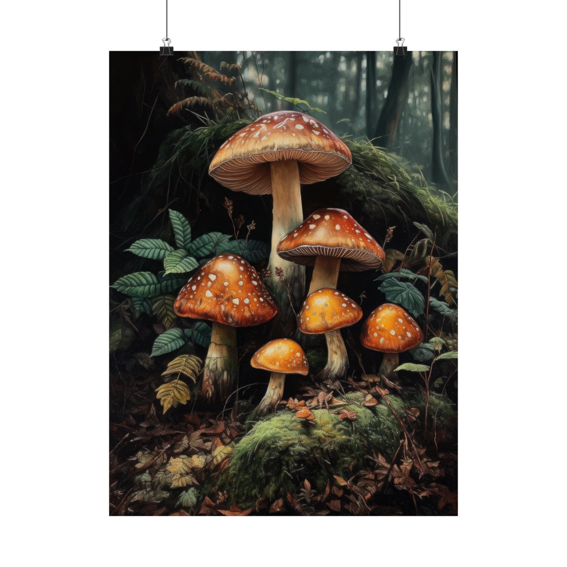 Amanita Fly Agaric Mushroom Cluster Mossy Dark Forest Floor Poster - Image 5