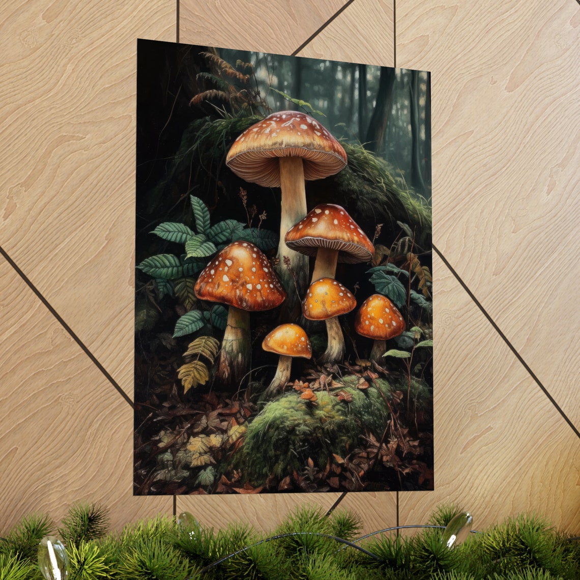 Amanita Fly Agaric Mushroom Cluster Mossy Dark Forest Floor Poster - Image 2