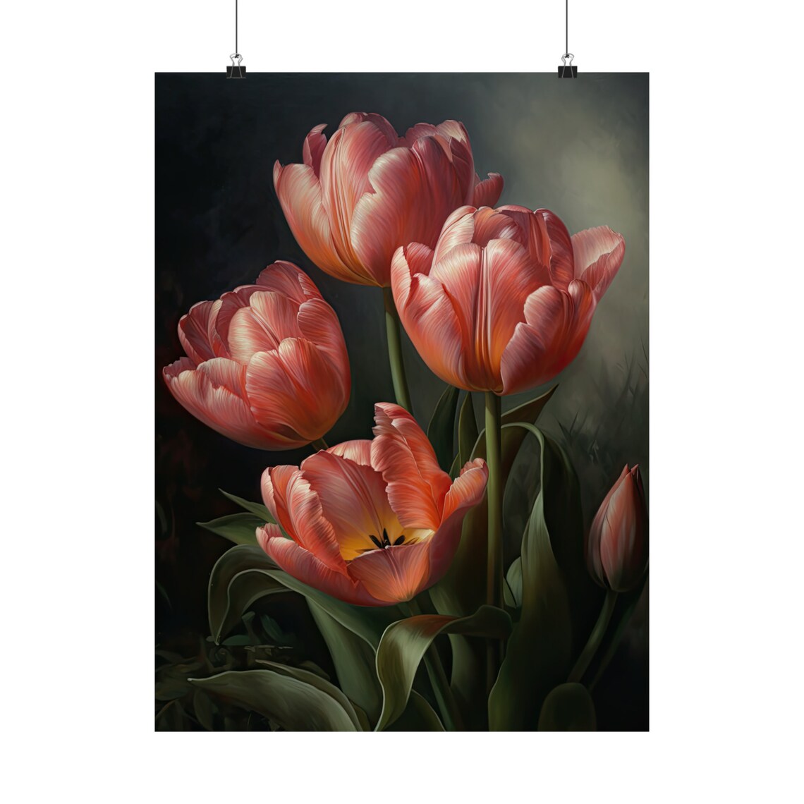 Four Coral Pink Tulips Dark Moody Oil Painting Floral Wall Art - Image 5