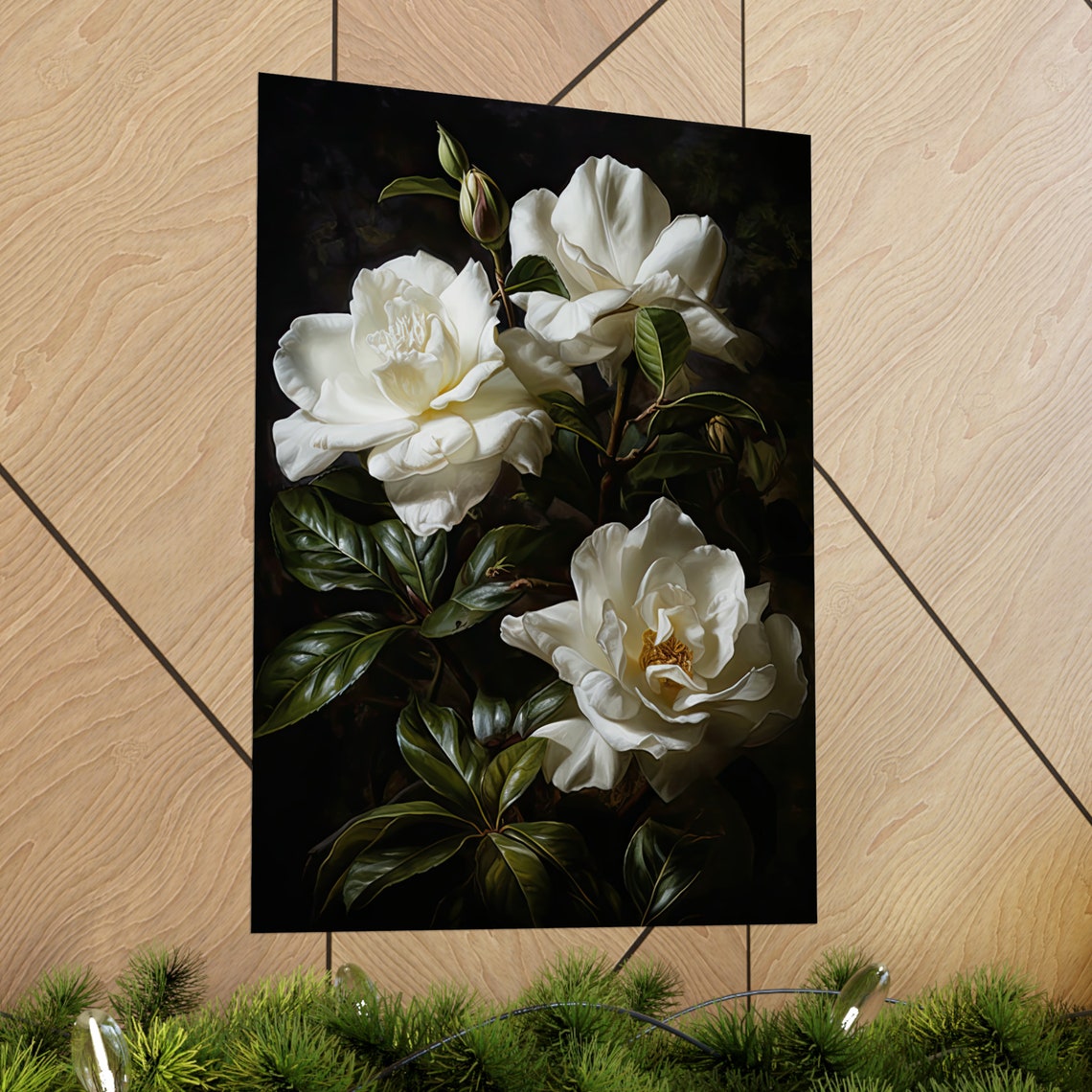 White Gardenia Blooms On Dark Background Moody Botanical Art Poster - Image 2