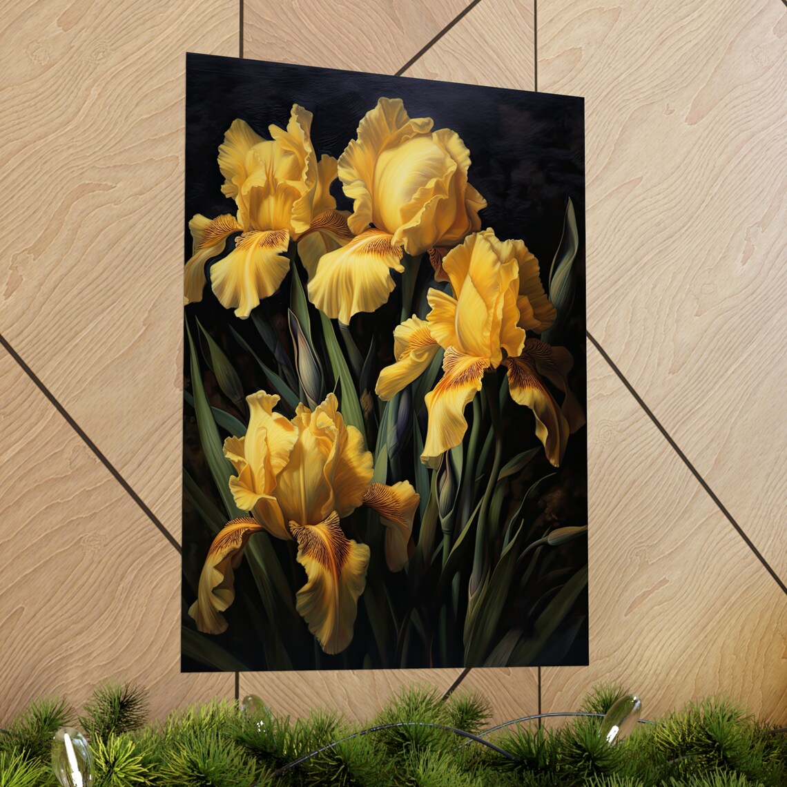 Golden Yellow Iris Blooms Elegant Dark Floral Botanical Art Print - Image 2