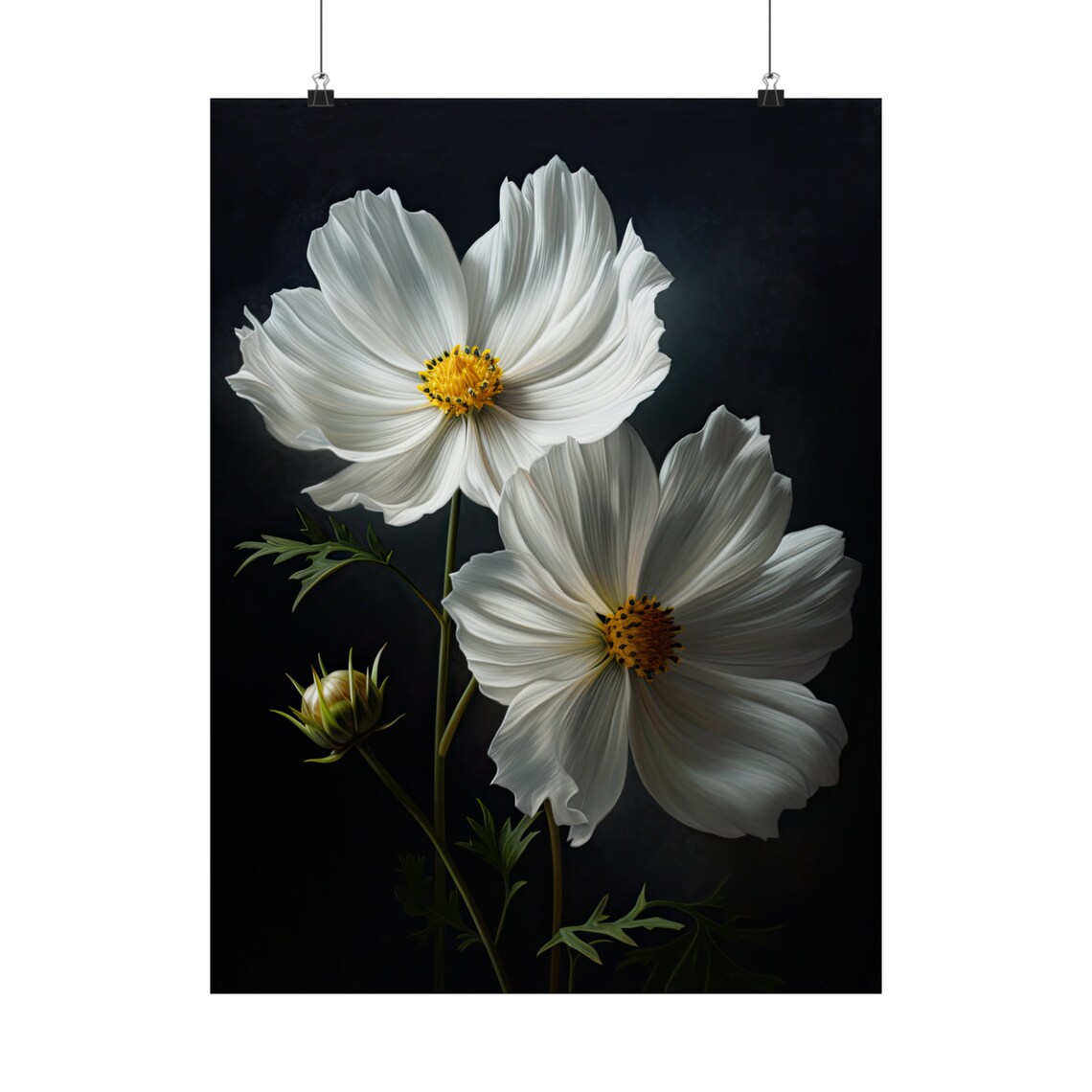 White Cosmos Flowers Dark Background Botanical Fine Art Poster - Image 5
