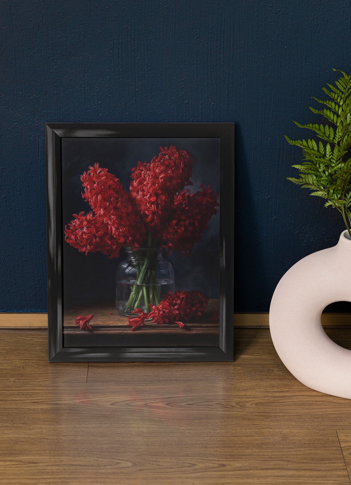 Crimson Red Hyacinth Bouquet Glass Jar Dark Still Life Flower Poster