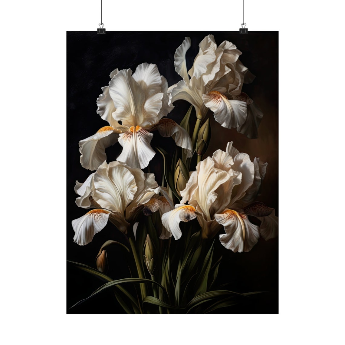 White Iris Blooms Golden Beards Dark Botanical Floral Art Print - Image 5
