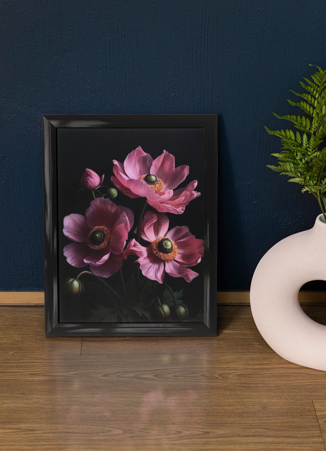Pink Anemone Blooms Buds Dark Moody Botanical Floral Still Life Poster