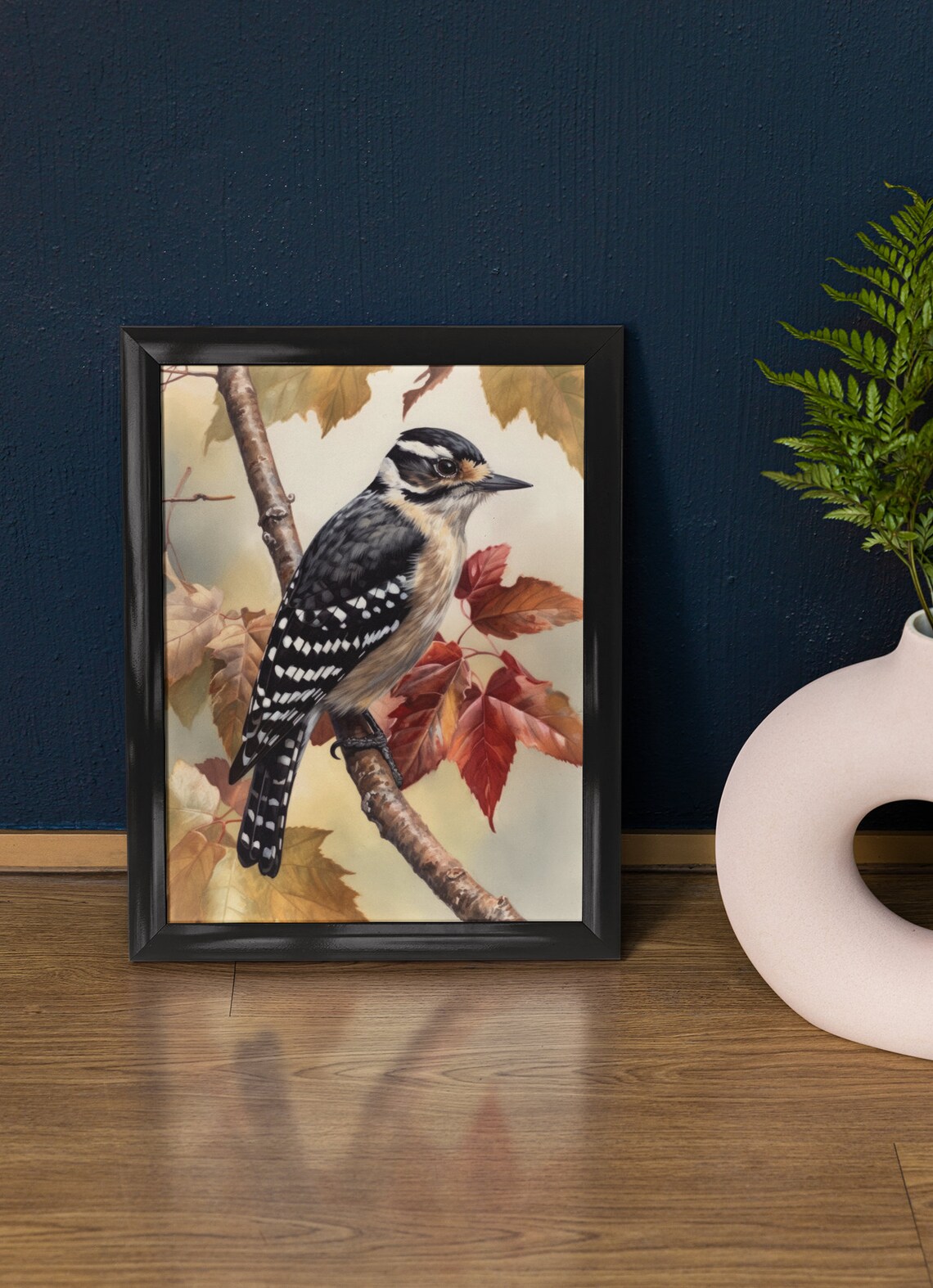 Downy Woodpecker Perched Autumn Leaves Bird Painting Fine Art Poster