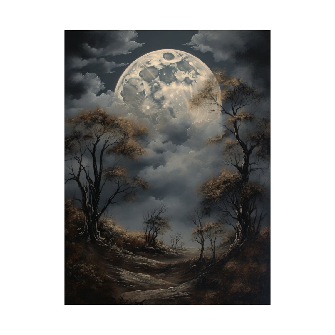 Dark Academia Full Moon Over Stormy Clouds Moody Night Art Print - Image 4