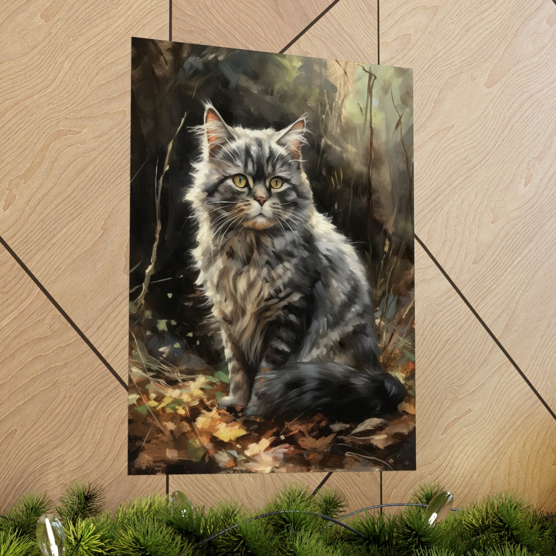 Selkirk Rex Cat Long Haired Grey Tabby Feline Portrait Wall Art Print - Image 2