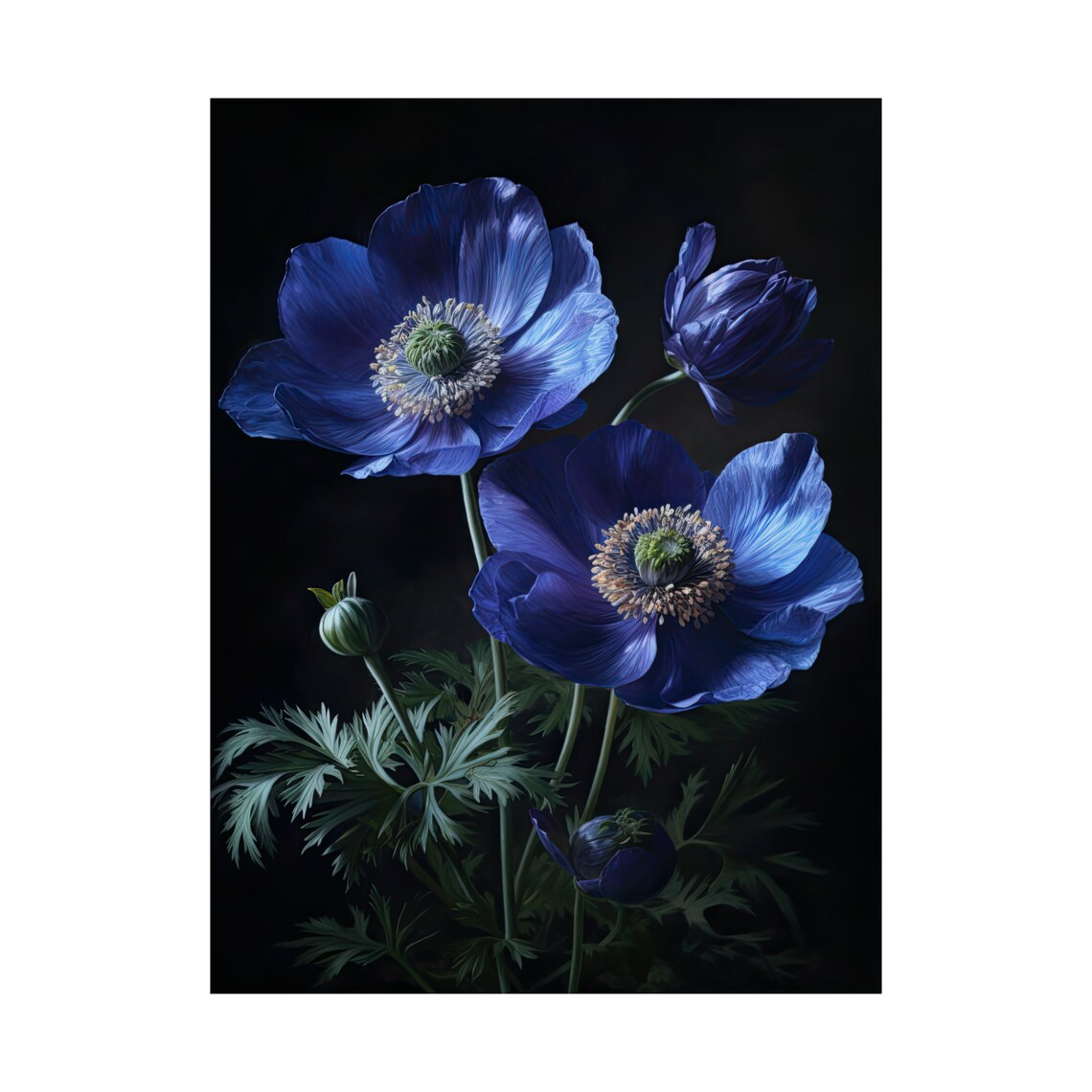 Deep Blue Anemone Blooms Dark Moody Botanical Floral Art Wall Poster - Image 4