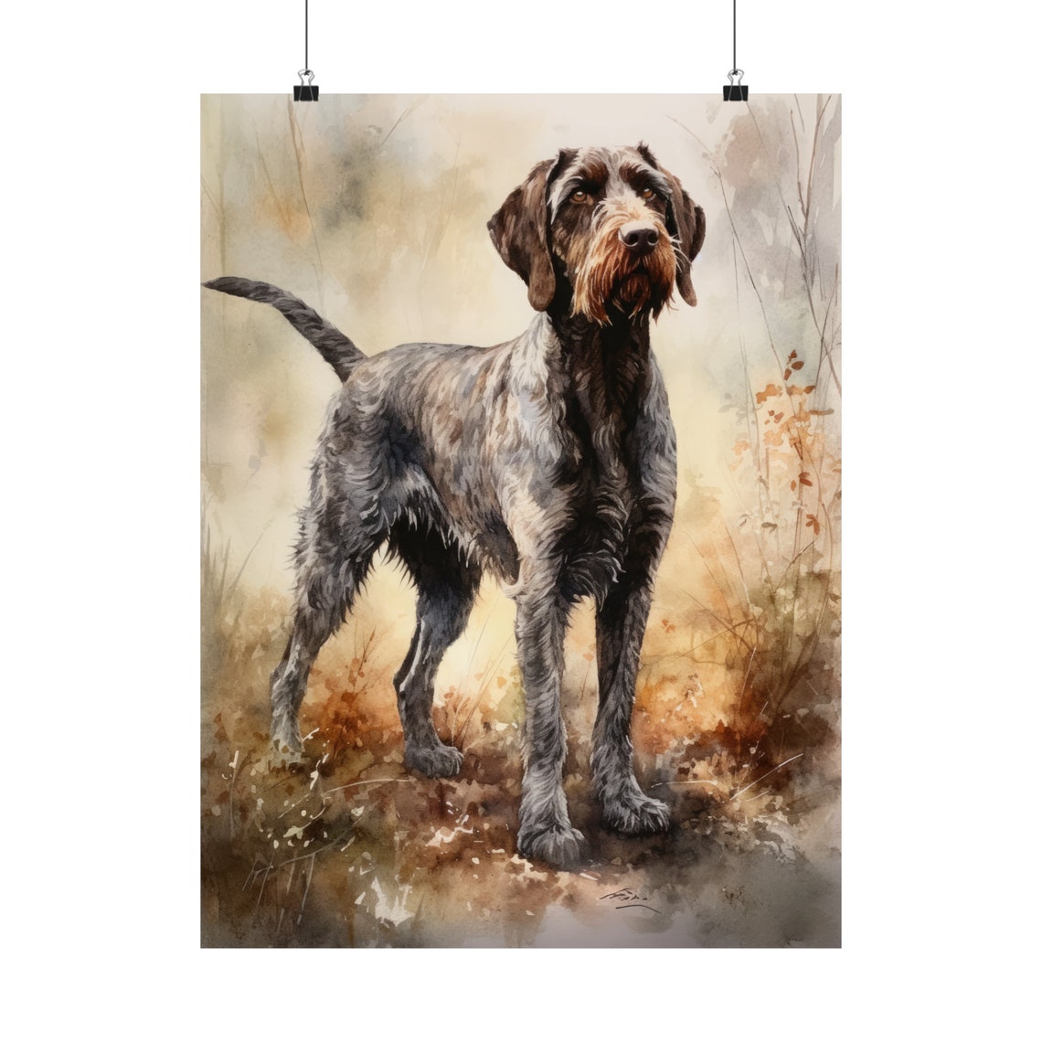 German Wirehaired Pointer Standing Autumn Field Watercolor Dog Poster - Image 5