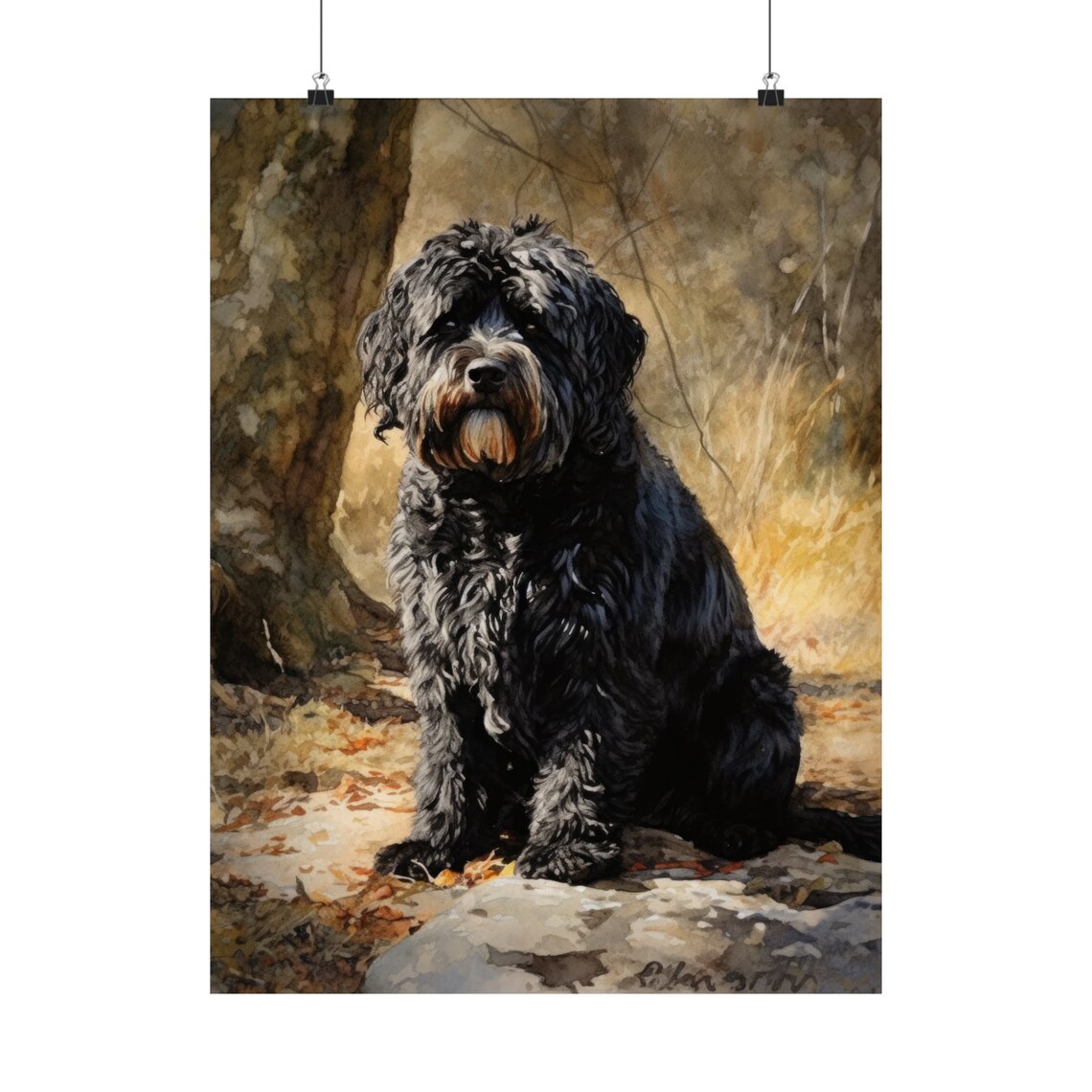 Puli Dog Watercolor Portrait Sitting With Shaggy Black Coat Art Print - Image 5